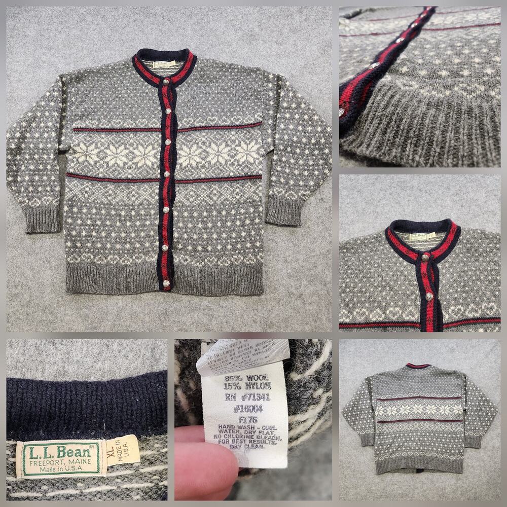 VTG LL Bean Sweater Womens XL Gray Wool Knit Nordic Fair Isle Cardigan USA 80s